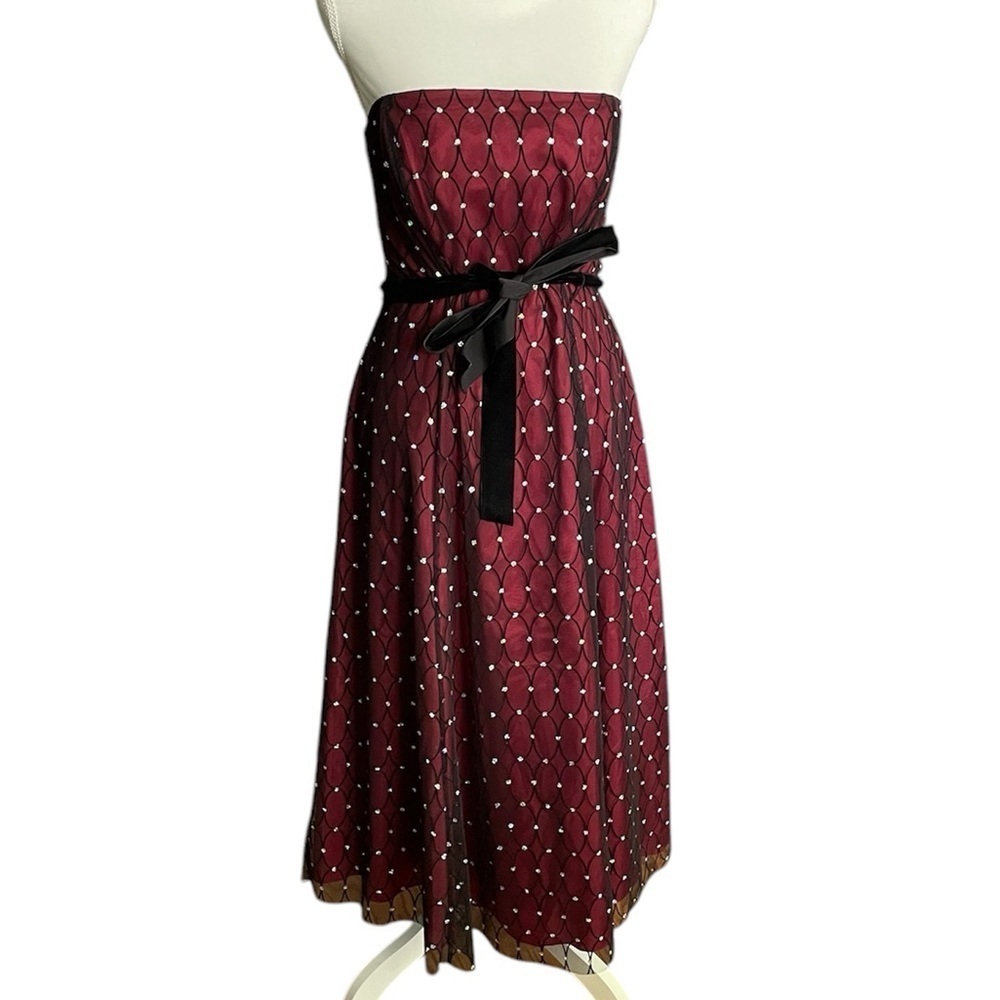 Vintage 90’s Papell Boutique Red Black Mesh Overlay Rhinestone Dress Sz 6P
